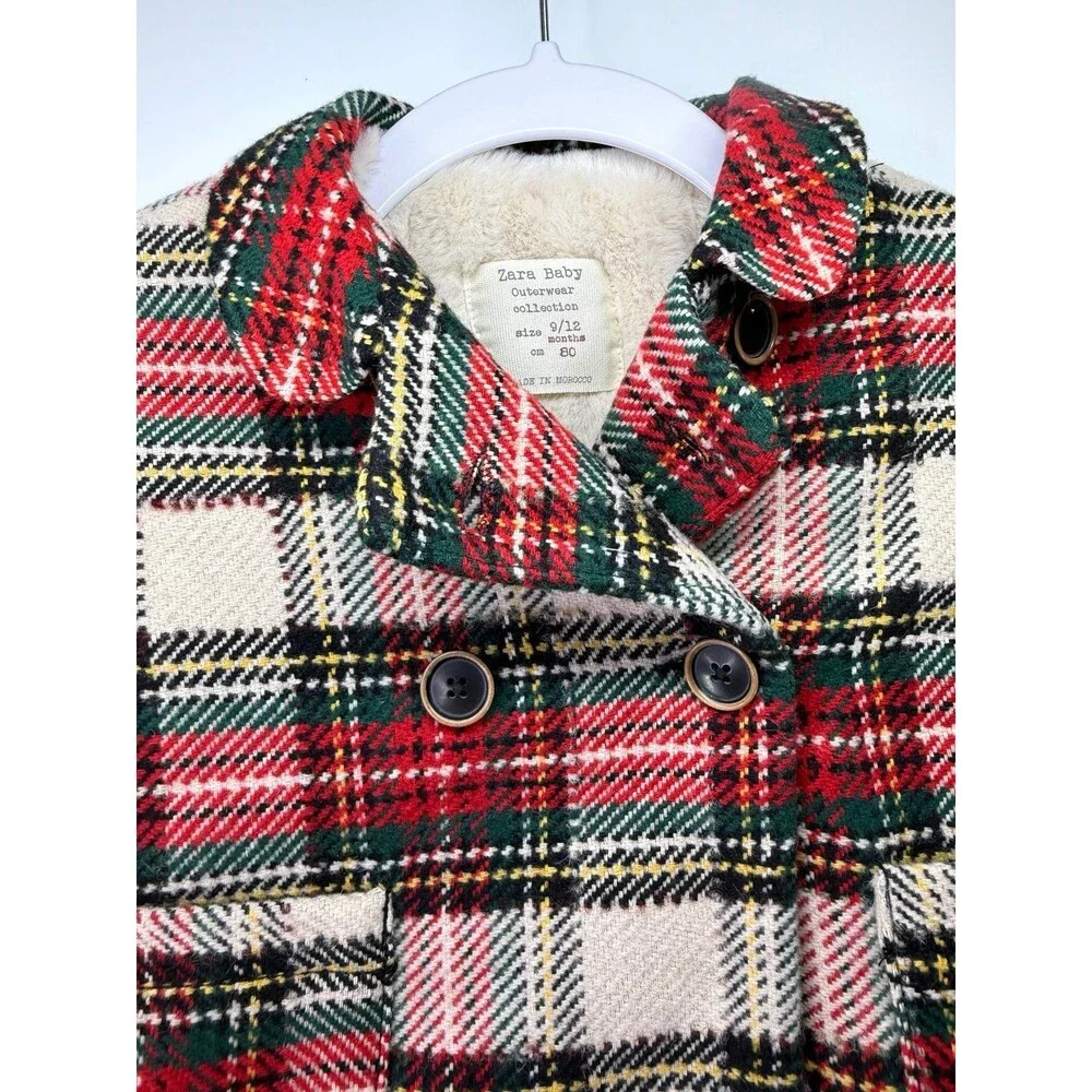 Zara Baby Red Plaid Button Front Pea Coat 9/12 months